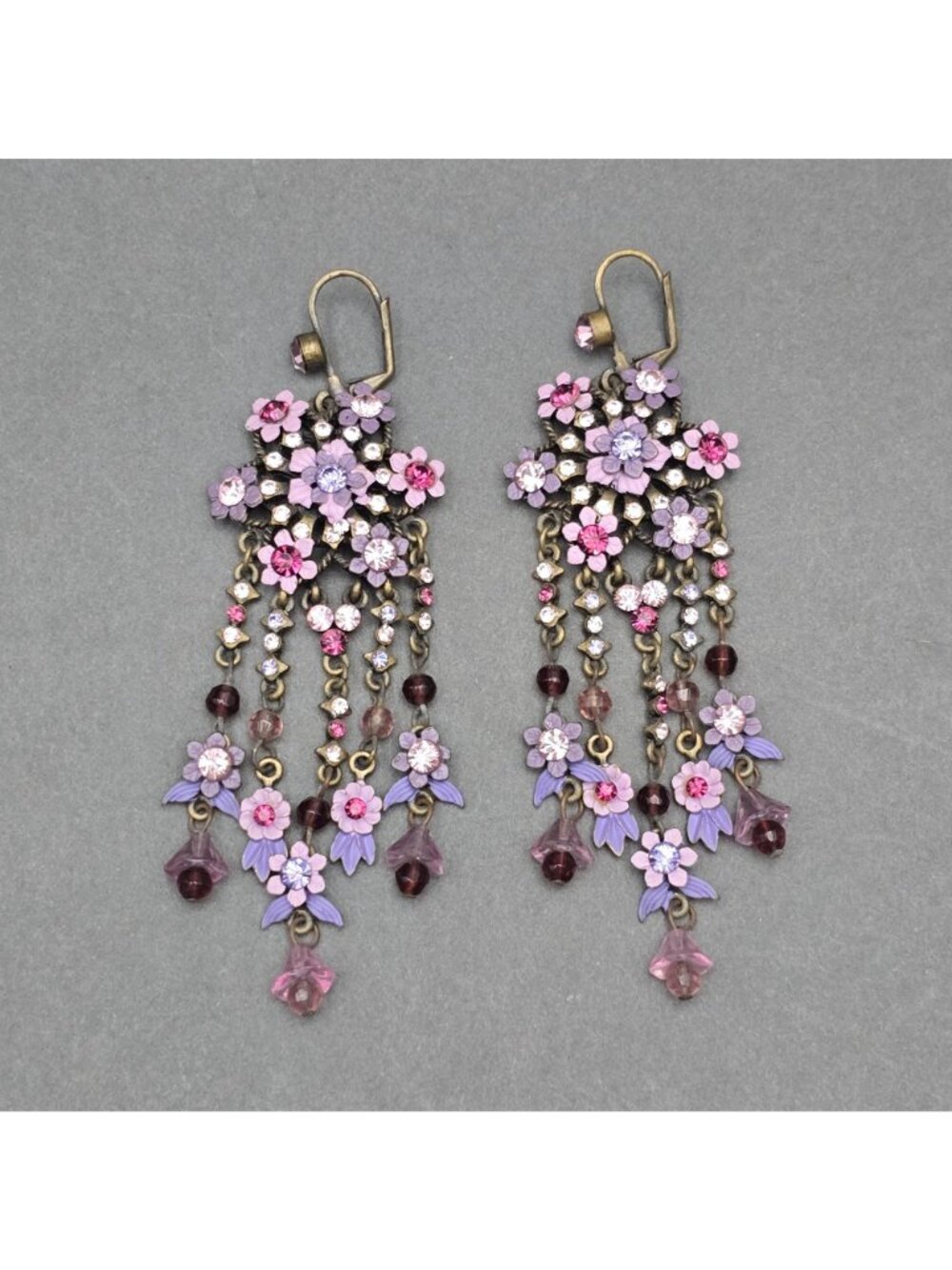 Vintage Michal Negrin Brass Dangle Earrings 4.75" Pastel Floral Crystal Drop - Picture 11 of 11